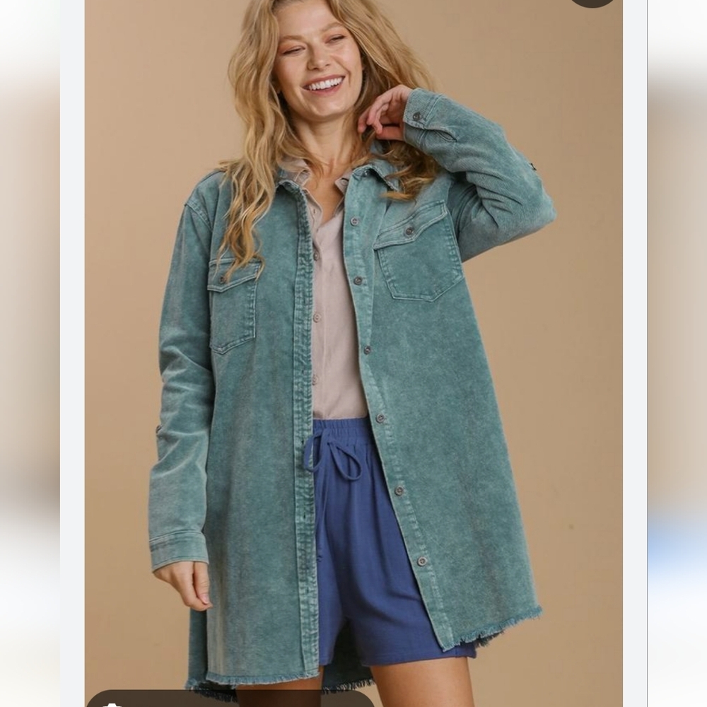 NWT Umgee Emerald Green Denim Dress Corduroy Button Down Size Medium